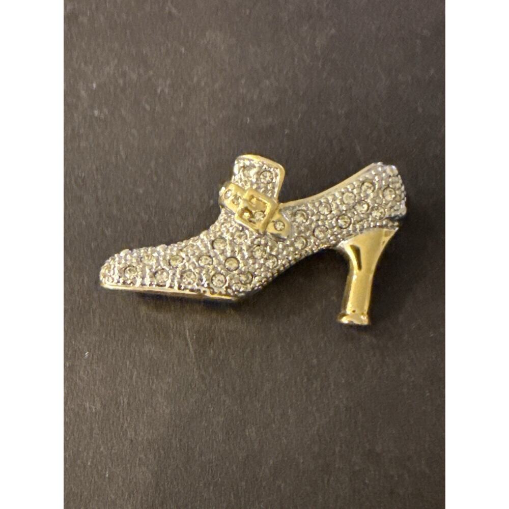 VTG Barbara Mandrell Rhinestone Shoe Brooch Gold Tone High Heel Signed Country